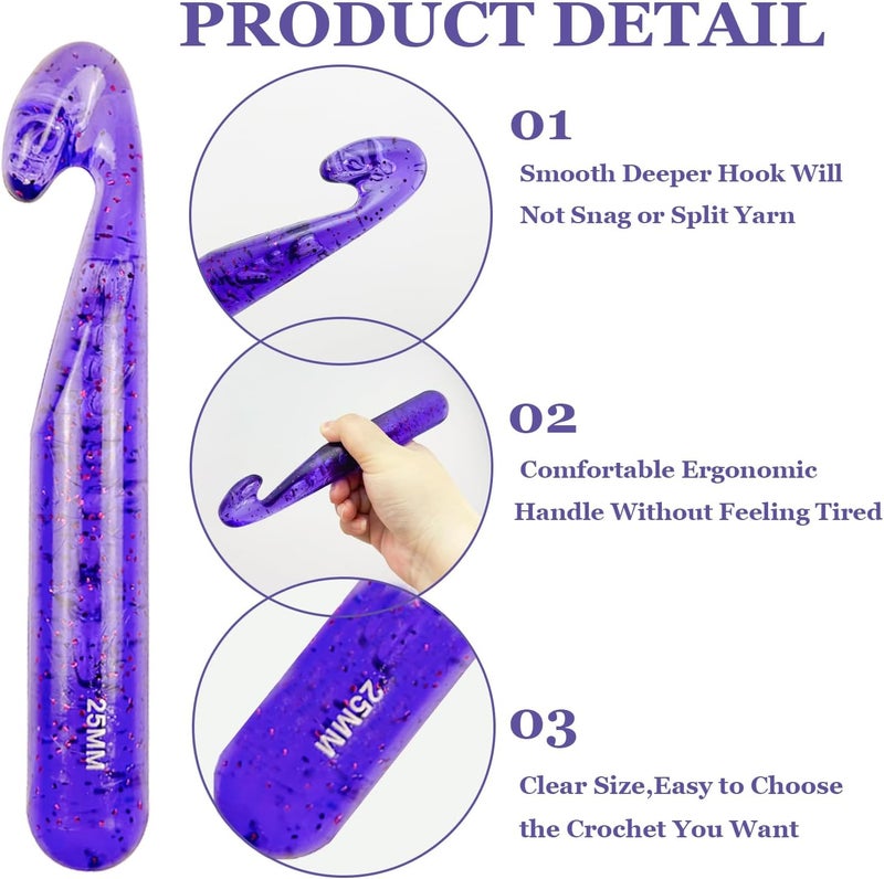 Hobekoee 25mm Large Crochet Hook for Chunky Yarn,Ergonomic Crochet Needles for Arthritic Hands,Plastic Crystal Smooth Crochet Hooks for Handmade DIY Crocheting - Image 3